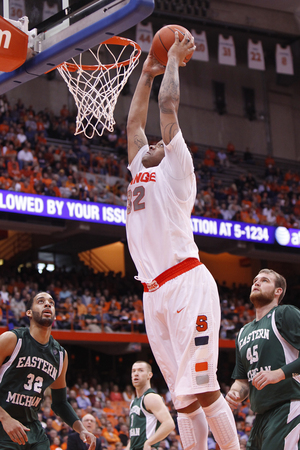 DaJuan Coleman scored 14 points in Syracuse's win over Eastern Michigan on Monday, surpassing his previous high of 12. Coleman and fellow freshman Jerami Grant had standout games as they continue to make progress through the early part of their season.