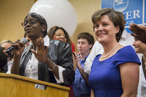 (From Left) Helen Hudson and Stephanie Miner, common councilor and mayor, respectively, celebrate Miner winning the mayoral Democratic primary Tuesday. Miner, the incumbent, defeated Common Councilor Pat Hogan and citizen activist Alfonso Davis. 