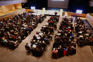 Members of the SU community packed into Goldstein Auditorium to hear an update about the Campus Framework.