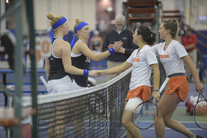 Knutson and Ramirez, pictured against Duke last season, struggled against Brown’s No. 1 doubles team on Saturday. 