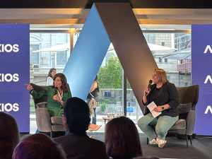 New York Gov. Kathy Hochul (left) speaks with Margaret Talev (right), a journalist and professor of practice at Newhouse. The governor endorsed Vice President Kamala Harris, discussed Micron Technology's presence in Syracuse and appealed to working class voters.