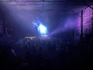 Smoke and lights fill Thornden Underground during their annual show, Rave at the Rocks.