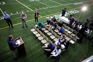 Syracuse head coach John Desko speaks during a press conference inside Manley Field House. 