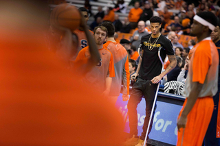 Injured forward Chris McCullough watches warm-ups while on crutches. The freshman was ruled out for the season on Monday with a torn right ACL.